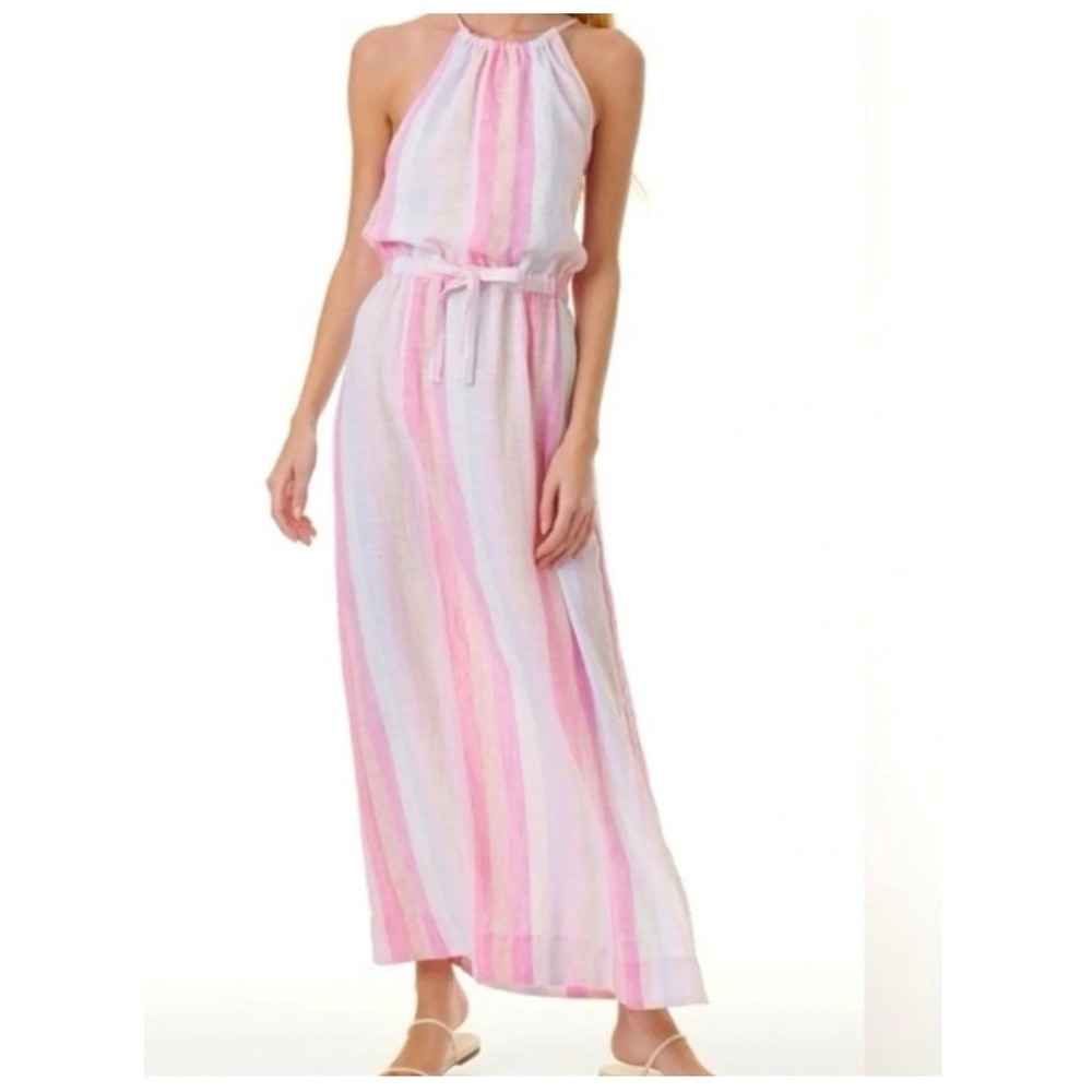 Splendid Pink Striped Halter Maxi Dress Elastic Waist Side Slit Size L